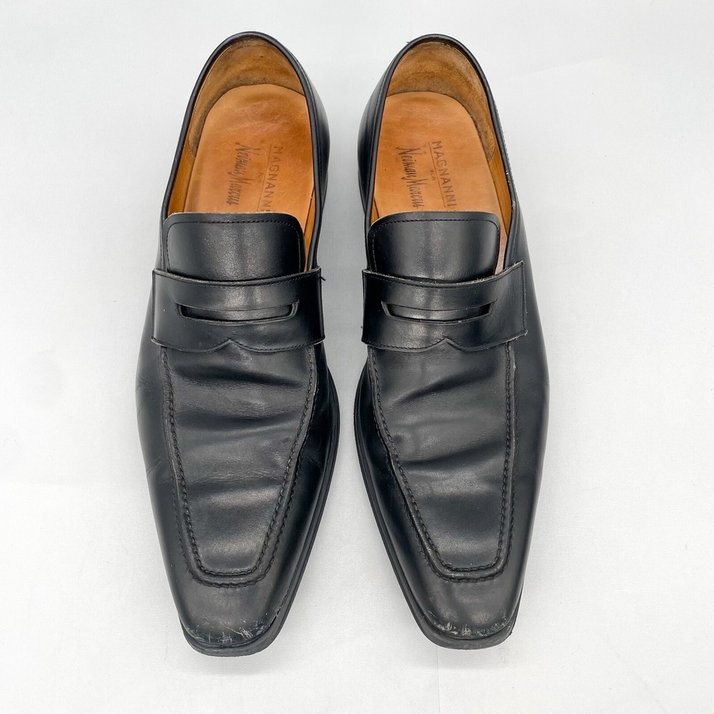 Magnanni Neiman Marcus Mens 9.5 M Penny Loafer Shoes Black Leather Apron Toe